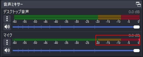 OBSの音声ミキサー画面。マイクのミキサーが緑・黄・赤と表示されている