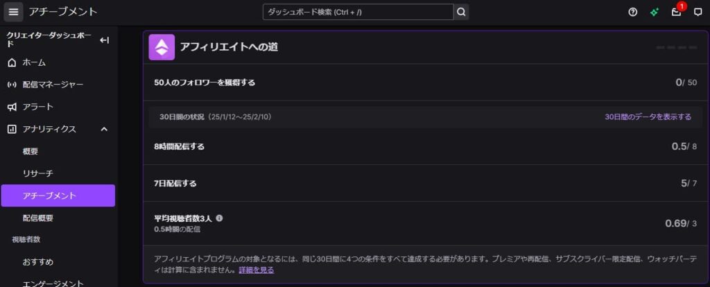 Twitchアフィリエイト条件の達成状況