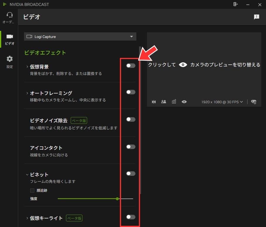 ビデオ設定を有効にする