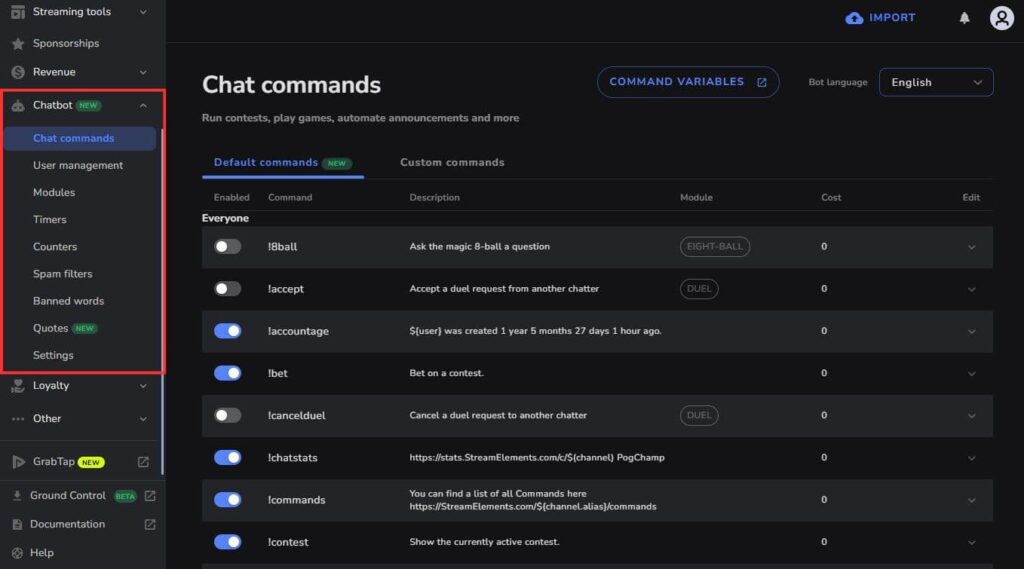 StreamElementsのチャットボット設定